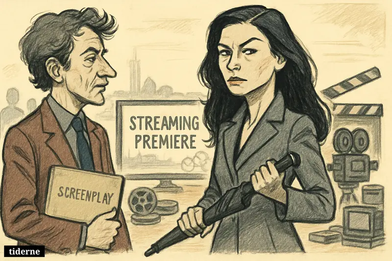 Caricature of Catherine Zeta-Jones as a vengeful thriller heroine beside writer Nick Harkaway on a streaming premiere set in Denmark. (AI-genereret illustration)
