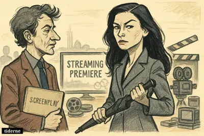 Caricature of Catherine Zeta-Jones as a vengeful thriller heroine beside writer Nick Harkaway on a streaming premiere set in Denmark. (AI-genereret illustration)