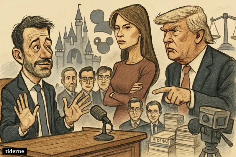 Jimmy Kimmel faces Melania and Donald Trump on a tense studio set, with other satirists, Disney symbols, and FCC regulatory props around them.
