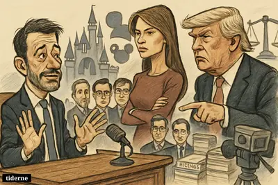 Jimmy Kimmel faces Melania and Donald Trump on a tense studio set, with other satirists, Disney symbols, and FCC regulatory props around them.