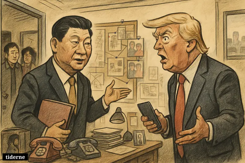 Caricature of Xi Jinping and Donald Trump in a secretive office filled with surveillance monitors, maps, phones, and anxious community members.