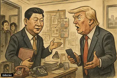 Caricature of Xi Jinping and Donald Trump in a secretive office filled with surveillance monitors, maps, phones, and anxious community members.
