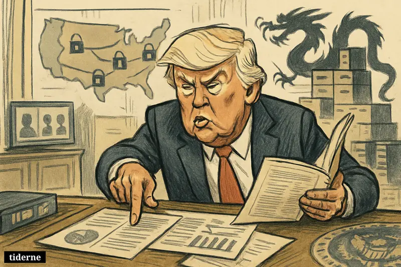 Donald Trump points angrily at voter files and an intelligence dossier as cyber cables and a dragon silhouette loom behind a U.S. map. (AI-genereret illustration)