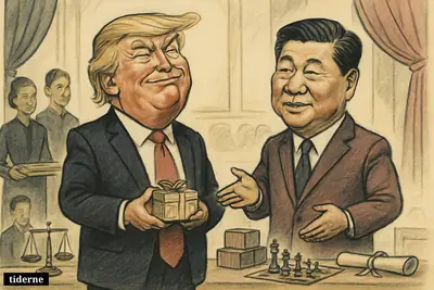 Trump basks in grand Beijing ceremony while Xi calmly guides the moment, with trade and negotiation symbols arranged around them.