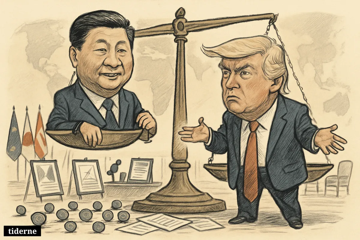 Xi Jinping and Donald Trump caricatures stand on a giant balance scale, with global polling symbols showing opinion shifting toward China. (AI-genereret illustration)