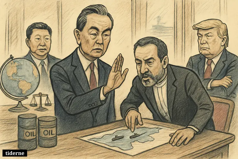 Wang Yi confronts Abbas Araqchi over a blocked sea passage, while Xi watches and Trump lingers at the edge.