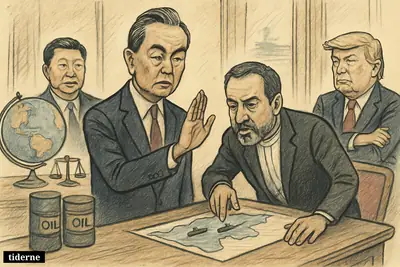 Wang Yi confronts Abbas Araqchi over a blocked sea passage, while Xi watches and Trump lingers at the edge.