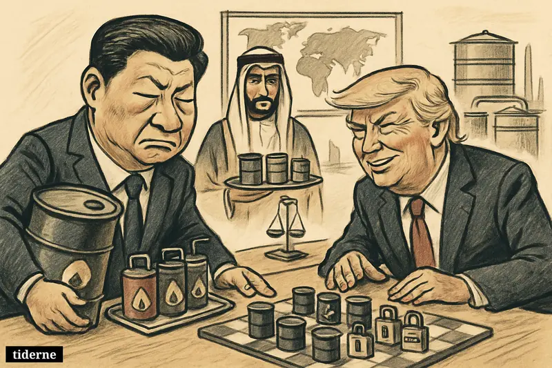 Xi Jinping struggles with oil pressure at a meeting table as Trump smirks and Sheikh Khaled presents tanker-linked energy diplomacy.