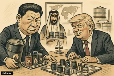 Xi Jinping struggles with oil pressure at a meeting table as Trump smirks and Sheikh Khaled presents tanker-linked energy diplomacy.