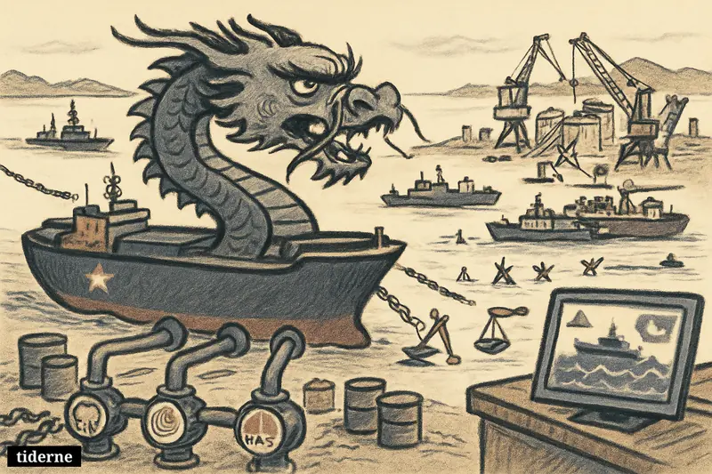 A dragon-like Chinese oil tanker faces a US naval blockade near Iranian ports, with idle oil infrastructure and symbols of energy pressure.