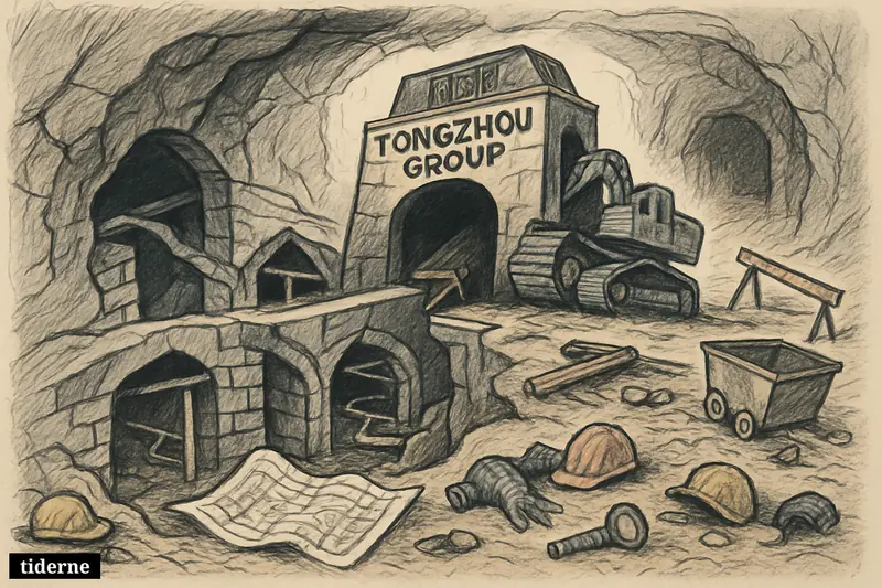 A damaged coal mine with collapsed beams, hidden side tunnels, derailed carts, broken safety gear, and industrial structures representing Tongzhou Group.