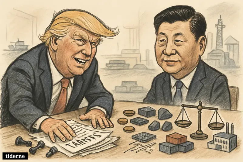 Caricature of Trump and Xi facing off at a summit table, with tariffs, technology parts, trade props, and Xi appearing more strategically prepared.