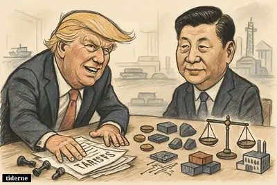 Caricature of Trump and Xi facing off at a summit table, with tariffs, technology parts, trade props, and Xi appearing more strategically prepared.