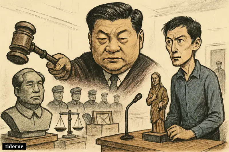 Gao Zhen stands tensely in a courtroom-gallery as Xi Jinping looms above with a gavel, while Mao and Jesus sculptures sit under scrutiny.