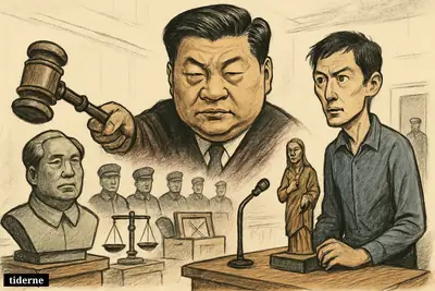 Gao Zhen stands tensely in a courtroom-gallery as Xi Jinping looms above with a gavel, while Mao and Jesus sculptures sit under scrutiny.