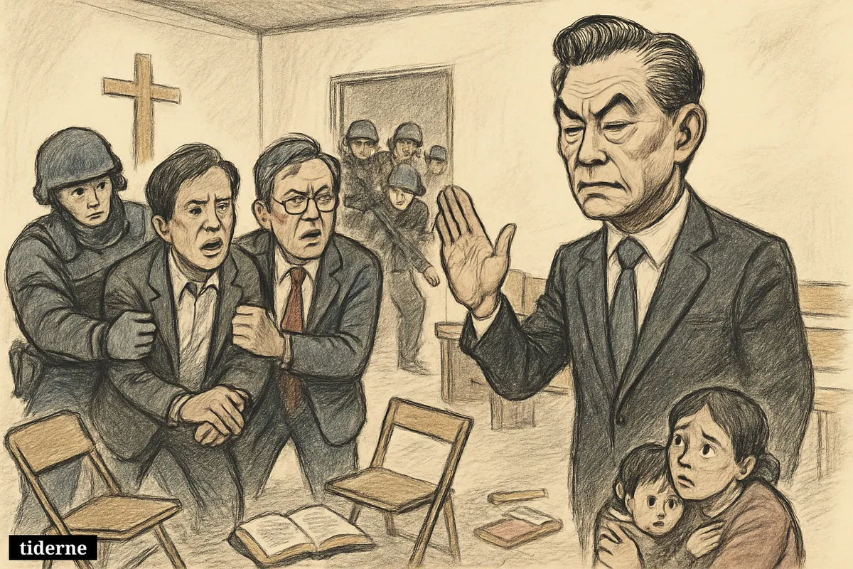Wang Yi dominates a church raid scene as armed police detain two house-church leaders among frightened worshippers and overturned chairs.