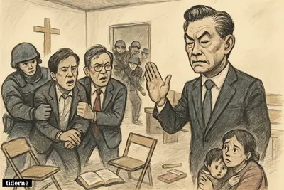 Wang Yi dominates a church raid scene as armed police detain two house-church leaders among frightened worshippers and overturned chairs.