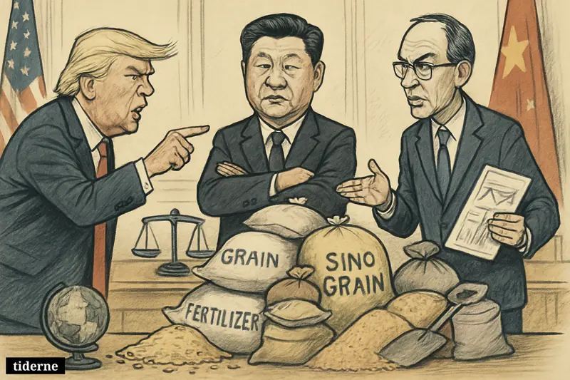 Caricature of Xi, Trump, and David Malpass confronting one another over giant grain and fertilizer stockpiles in a Beijing summit room.
