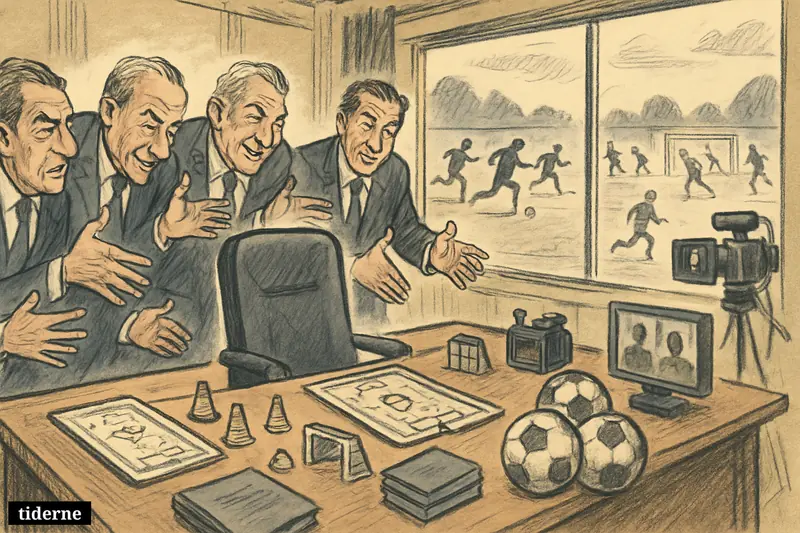 An empty football manager’s chair in a federation boardroom, surrounded by officials, tactics tools, broadcast gear, and training fields for senior and youth teams.