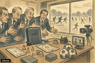 An empty football manager’s chair in a federation boardroom, surrounded by officials, tactics tools, broadcast gear, and training fields for senior and youth teams.