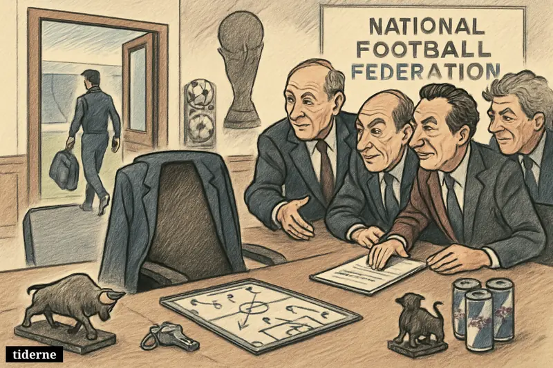 An empty national team coach’s chair in a federation boardroom, with football props, approving officials, Red Bull symbols, and a departing coach figure.