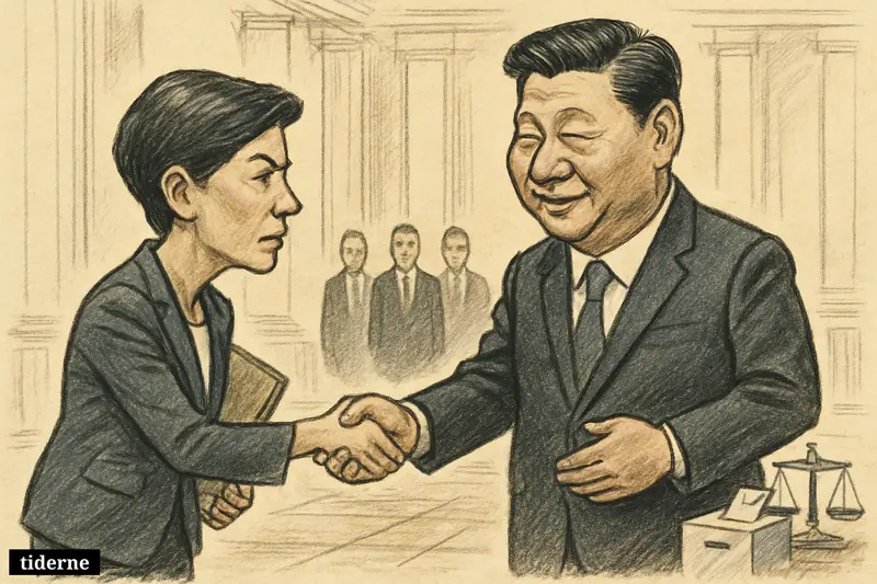 Xi Jinping and Cheng Li-wun shake hands in a vast official hall, with subtle democratic symbols crowded behind the Taiwanese politician.