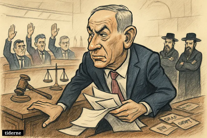 Benjamin Netanyahu in the Knesset chamber reacts tensely as lawmakers vote and ultra-Orthodox members stand apart during a government crisis.