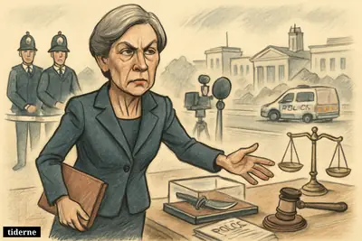 Caricature of Donna Jones examining a kirpan case table, with police, BBC media equipment, and a Southampton street behind her.