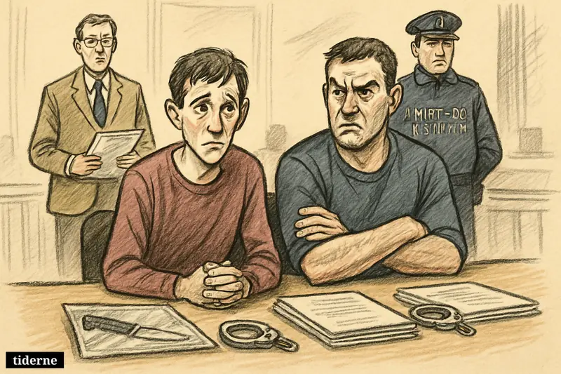 Two male suspects sit under guard in a courtroom holding scene, with a prosecutor, police officer, documents, handcuffs, and sealed knife evidence.