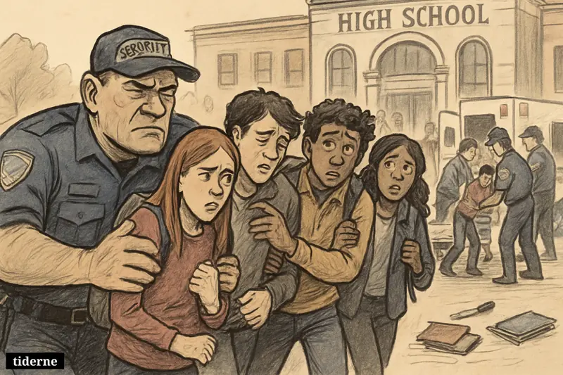 A distressed security guard leads injured students from a high school entrance as responders restrain a suspect and prepare stretchers.