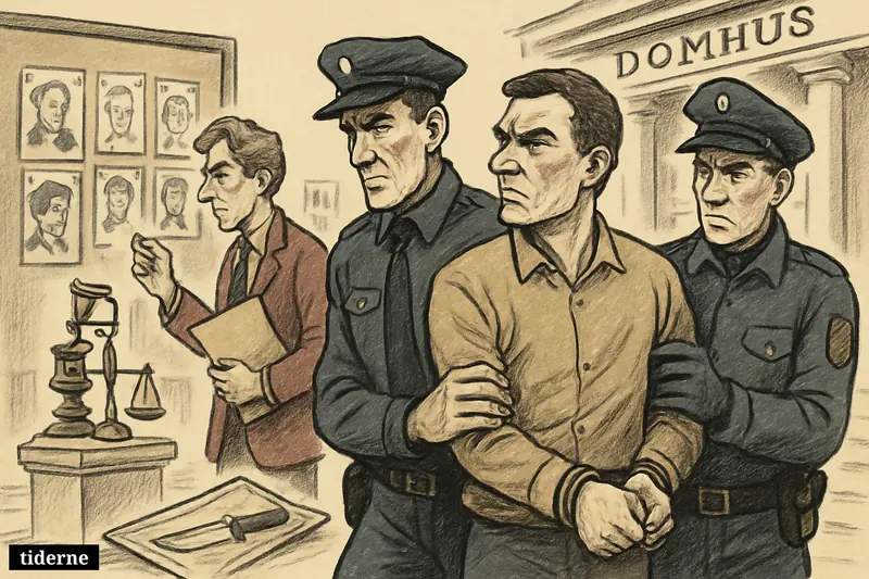 Handcuffed suspect escorted by police outside a courthouse, with legal symbols, investigation clues, and bagged knife evidence in view. (AI-genereret illustration)