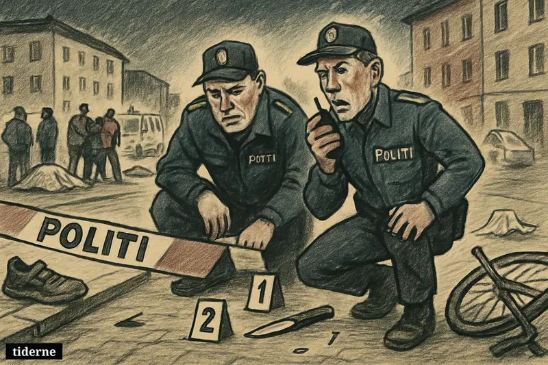 Two police investigators examine a nighttime stabbing scene in Aarhus as responders assist victims near cordoned-off streets.