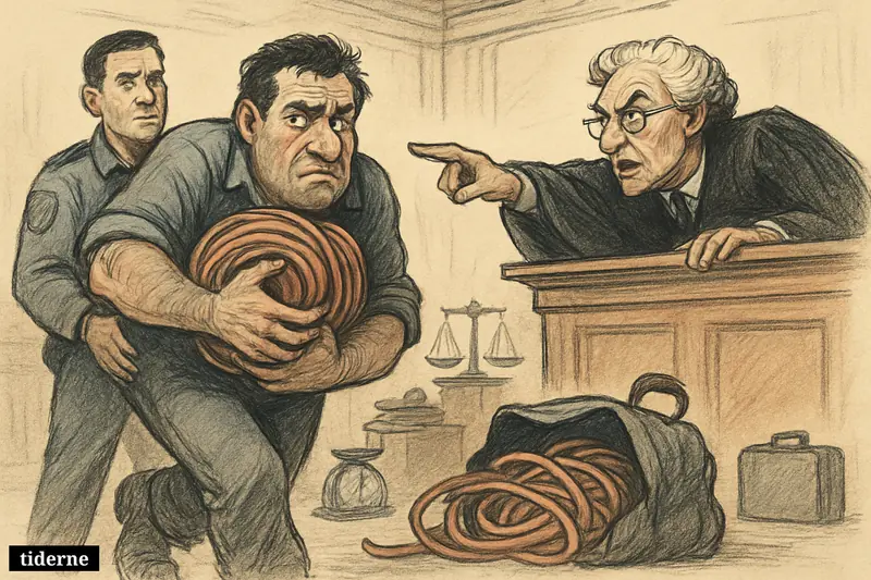 A courtroom caricature shows a guilty-looking thief clutching stolen copper cables as a judge sentences him and an officer leads him away. (AI-genereret illustration)