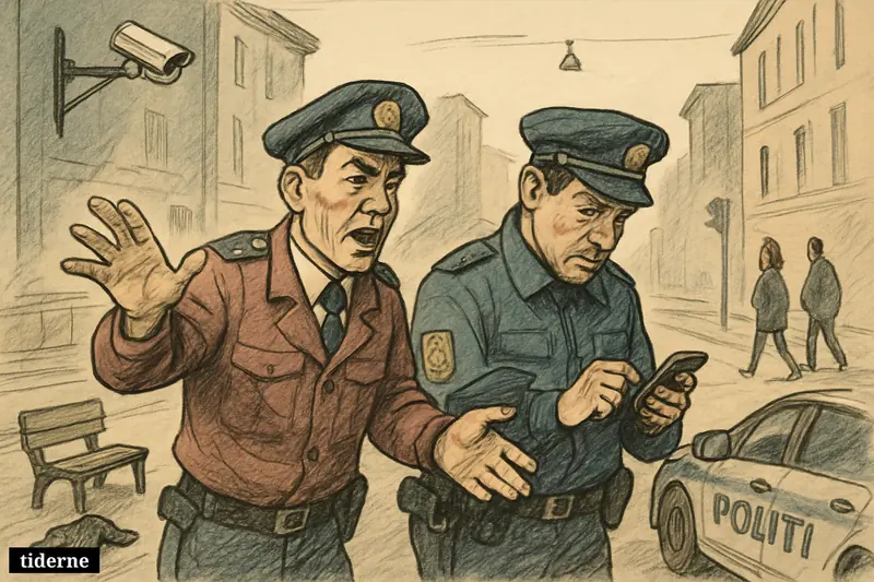Police officers on a quiet Copenhagen street investigate a missing person case, with a patrol car, surveillance camera, and abandoned personal items nearby. (AI-genereret illustration)