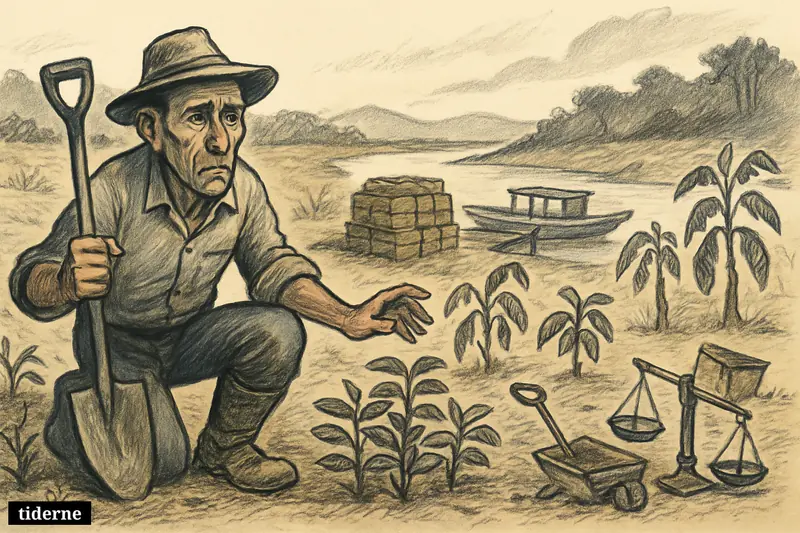 A tired farmer in a remote Colombian riverside field kneels between coca shrubs and unsold legal crops, showing failed state support. (AI-genereret illustration)