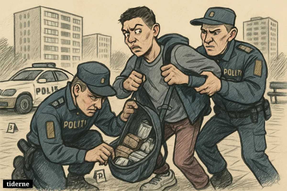 Police officers arrest a startled young man in a housing estate plaza while inspecting drugs found in his backpack. (AI-genereret illustration)