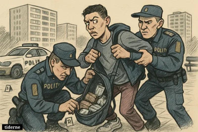 Police officers arrest a startled young man in a housing estate plaza while inspecting drugs found in his backpack. (AI-genereret illustration)