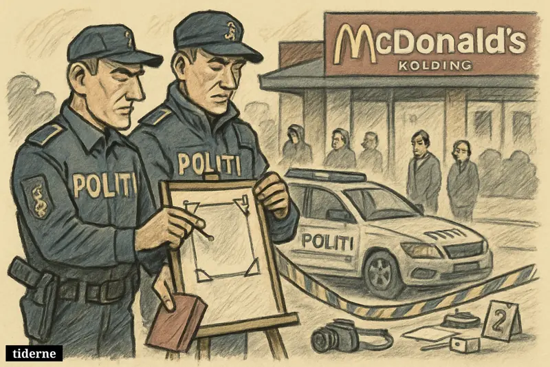 Police officers remove a public notice outside a McDonald’s in Kolding while bystanders watch near a parked patrol car.