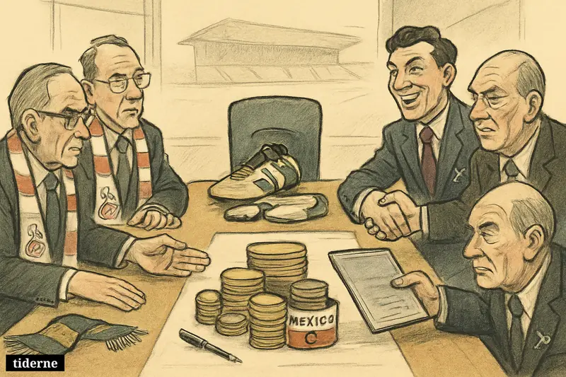 Club negotiators face each other across a transfer table, with salary money blocking a near-complete deal for an absent Mexican captain. (AI-genereret illustration)