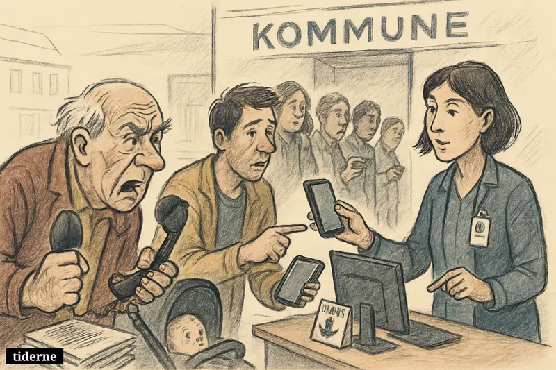 Citizens at a municipal service office react to a phone outage while staff redirect them to digital and in-person assistance.
