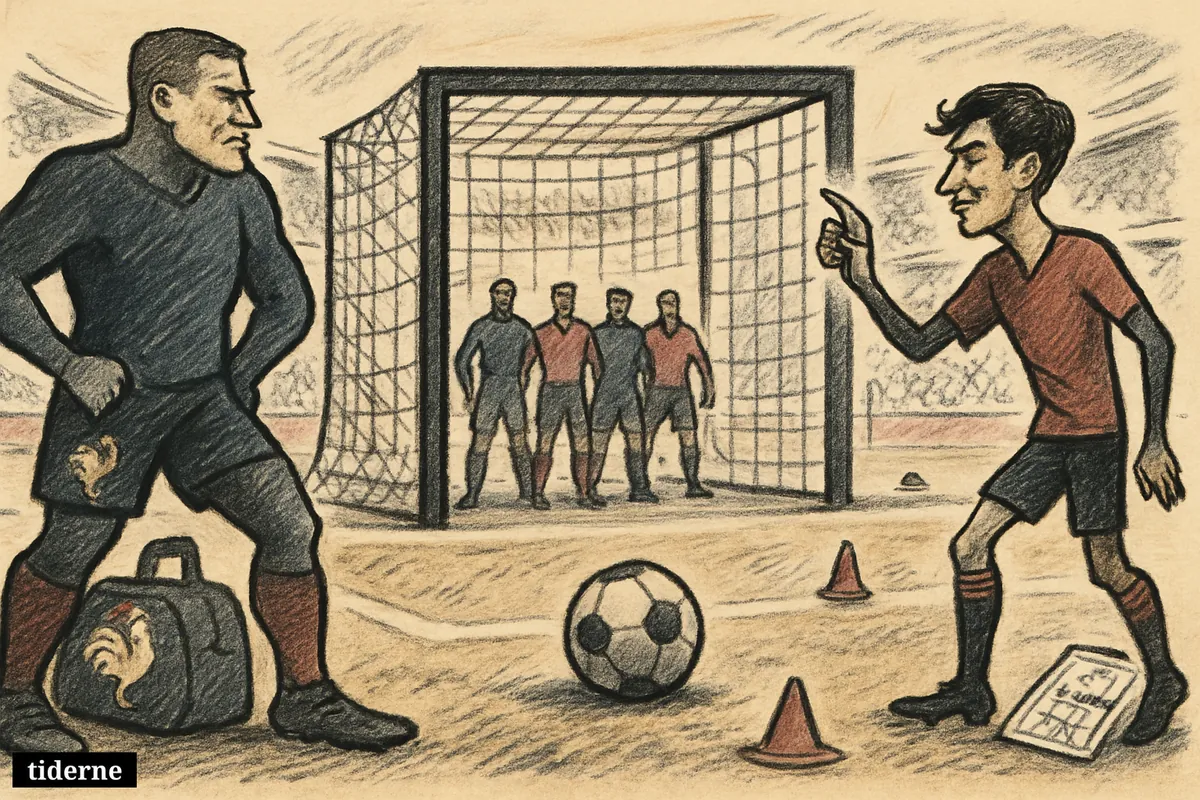 A looming football goal stands between French and Spanish team symbols as players face off before a tense semifinal. (AI-genereret illustration)