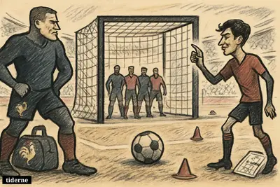 A looming football goal stands between French and Spanish team symbols as players face off before a tense semifinal. (AI-genereret illustration)
