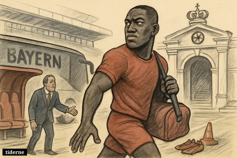 Caricature of Ibrahima Konaté leaving one football club setting toward a grand Madrid stadium while a Bayern representative looks too late.