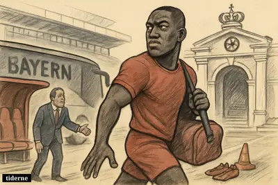 Caricature of Ibrahima Konaté leaving one football club setting toward a grand Madrid stadium while a Bayern representative looks too late.