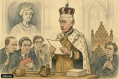 King Charles III calmly opens Parliament in Westminster as worried officials cluster around him, with Elizabeth II’s presence looming in the background.