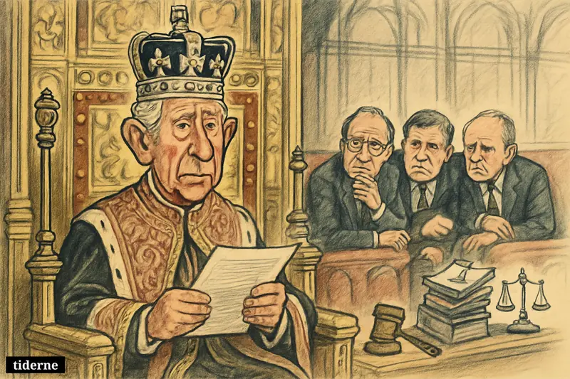 King Charles III on a throne at Parliament’s opening, calm but tense, while worried ministers behind him suggest a government in crisis.