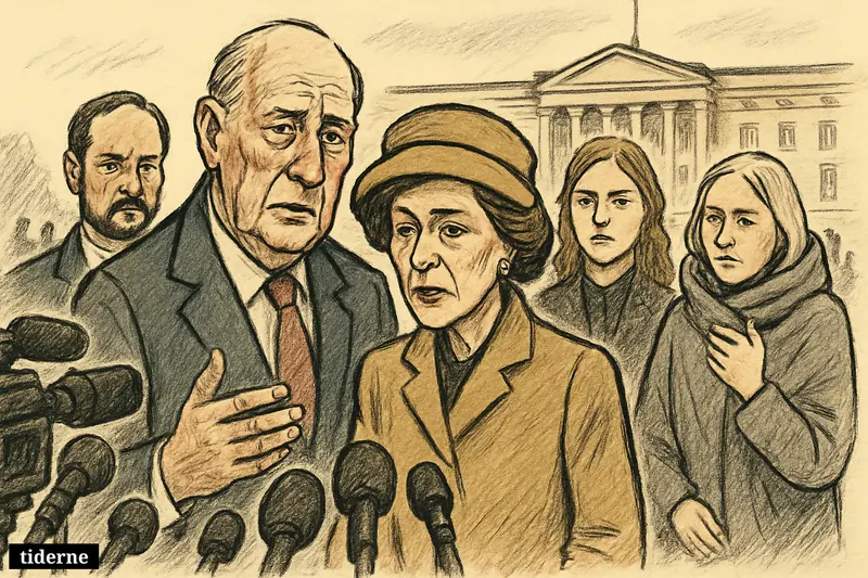 King Harald and Queen Sonja address reporters with grave expressions as Mette-Marit stands nearby looking frail, flanked by Haakon and Ingrid Alexandra.