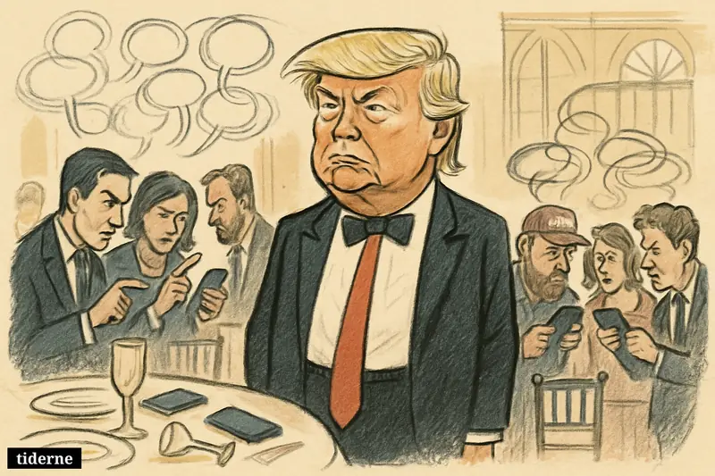 Donald Trump at a formal dinner watches two opposing political groups suspiciously argue over smartphones amid a tense Washington ballroom scene.