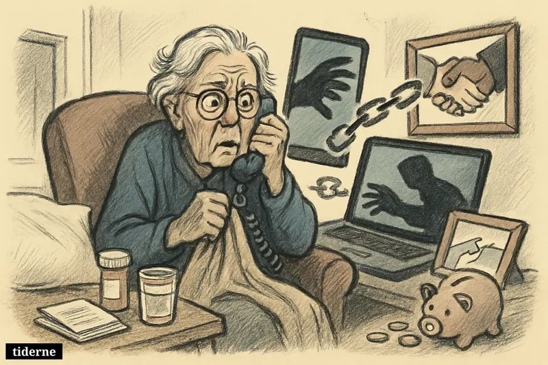 An anxious elderly person sits with a phone in a living room, while signs of fraud, poor sleep, ill health, and broken trust surround them.