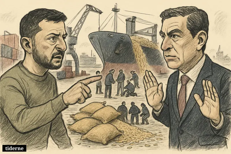 Zelenskyj and Gideon Sa'ar confront each other on Haifa docks beside a grain-laden cargo ship and torn sacks of wheat.